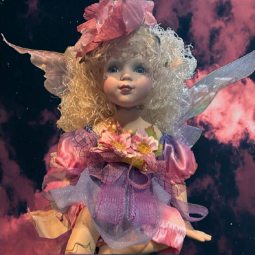 Charming Pink and Purple Doll with Floral Accents Fairy porcelain doll. New.
